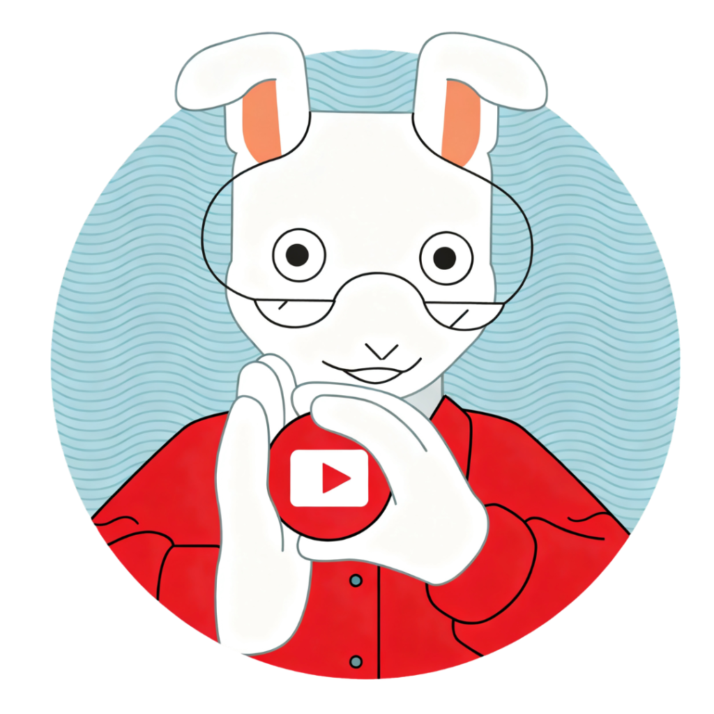 Pooka the rabbit holding the 'video' icon in their hands. 